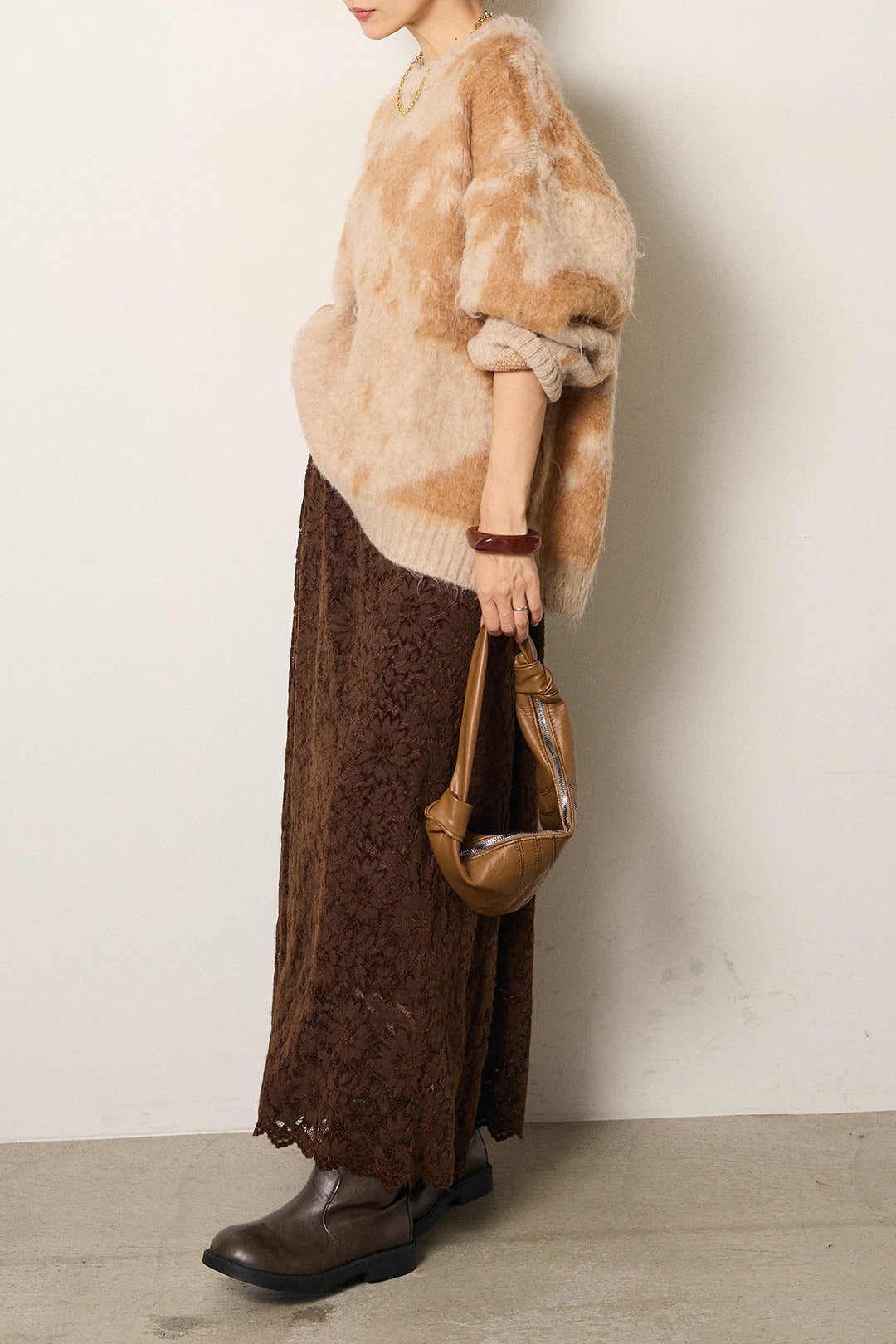 [SET]モヘアタッチマーブルニット+花柄刺繍ベロアフレアスカート(2set)