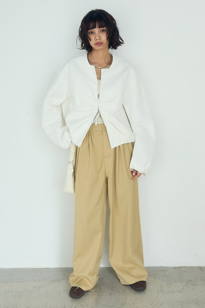 [SET]ノーカラーフロントギャザージップアウター+ツイルメニータックパンツ(2set)