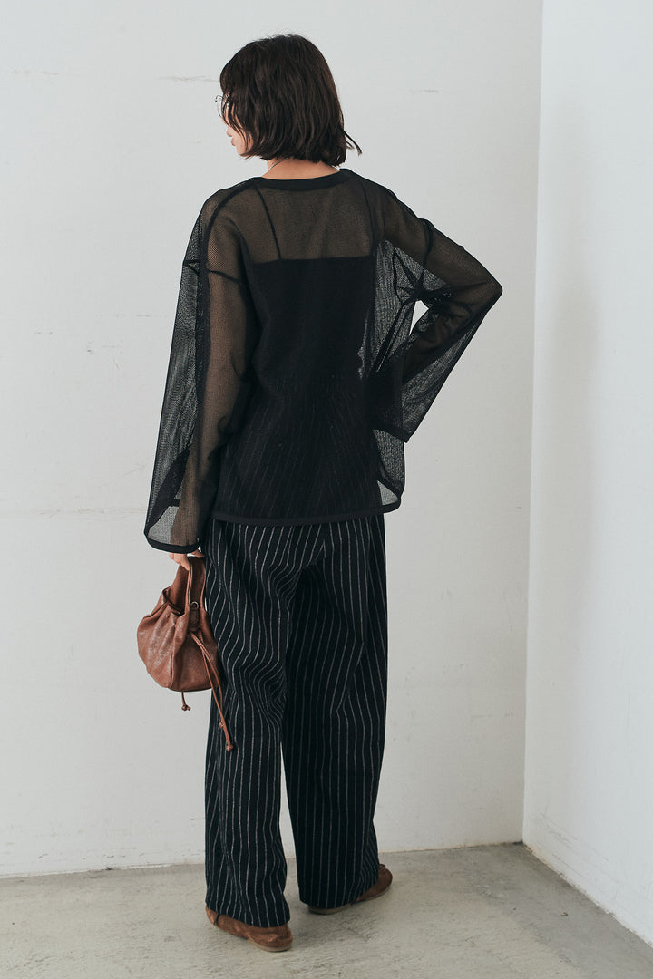 [SET]メッシュカットソースキッパープルオーバー+リネンライクストライプタックイージーパンツ(2set)