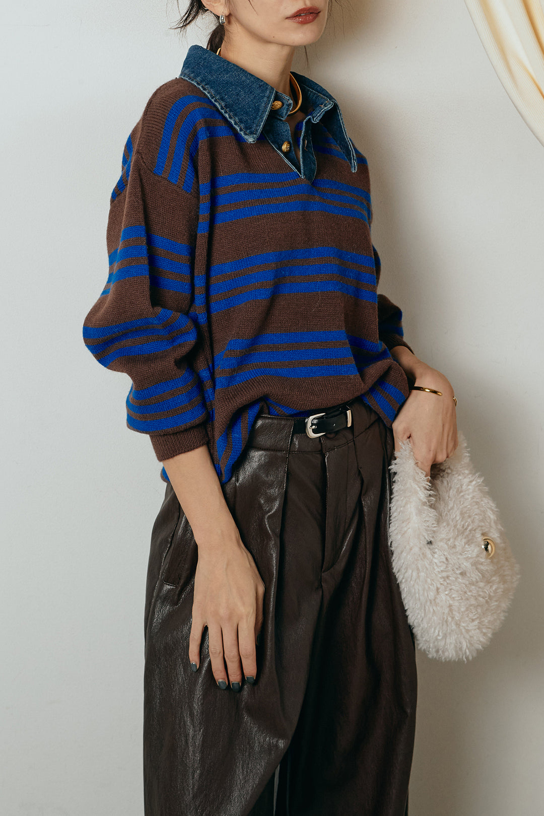 [SET]デニムレイヤード風ランダムボーダーニットプルオーバー+ベルト付きレザーライクタックパンツ(2set)