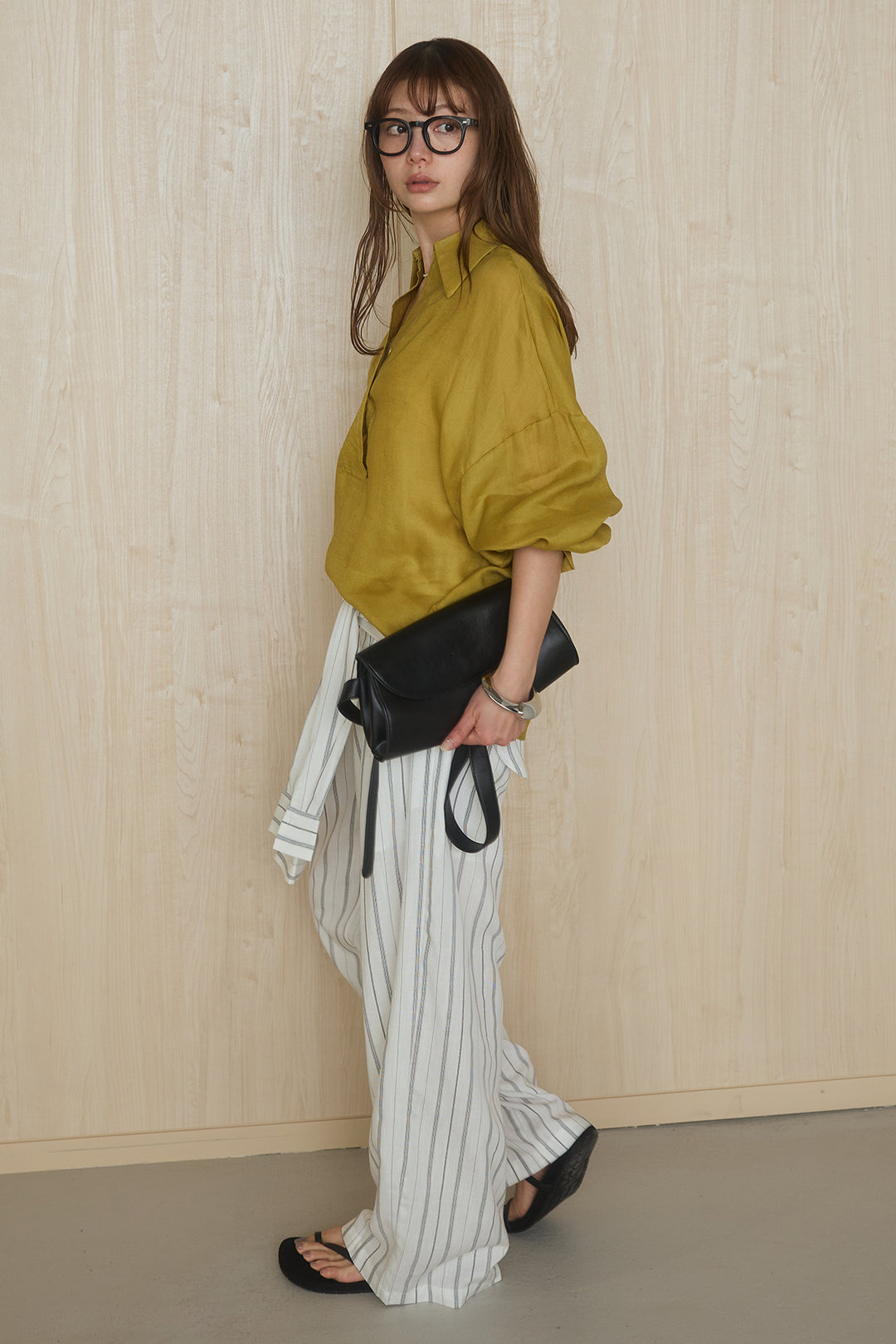 [SET]襟付きボタンブラウス+ウエスト巻きピンストライプパンツ(2set)
