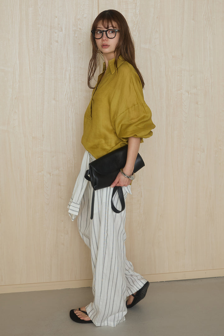 [SET]襟付きボタンブラウス+ウエスト巻きピンストライプパンツ(2set)