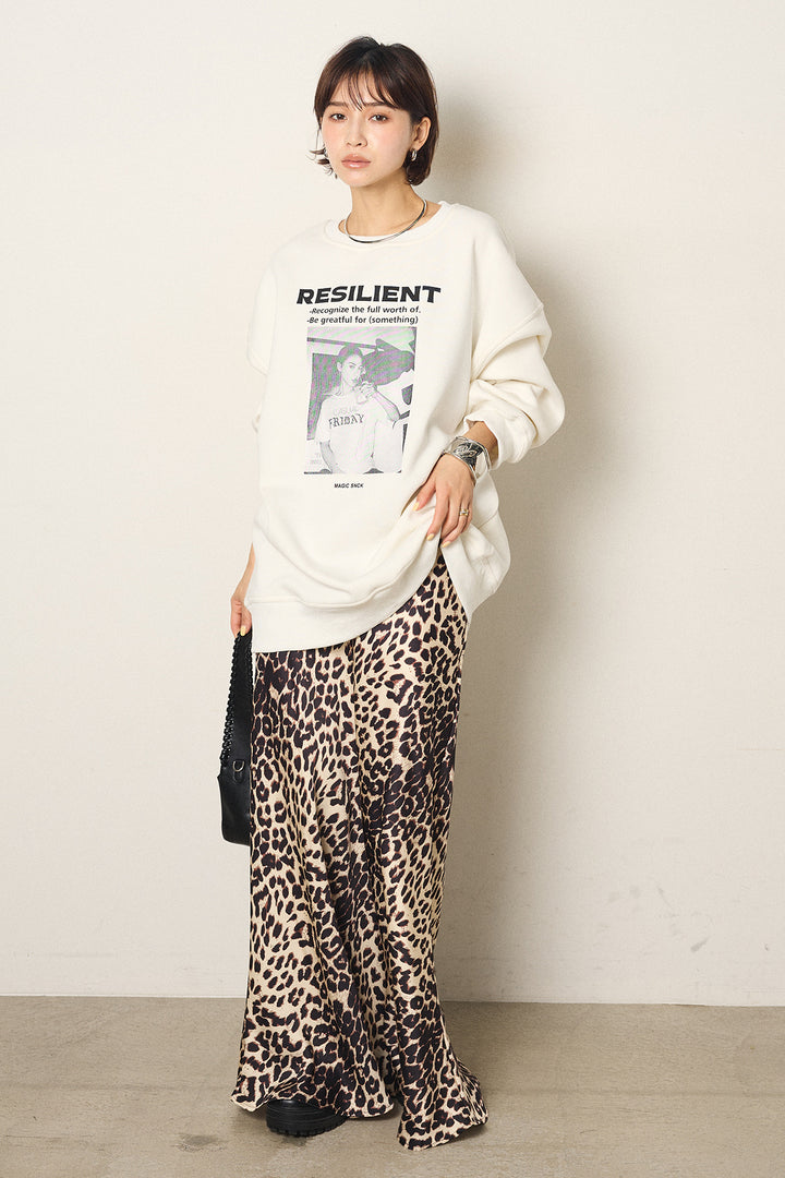 [SET]モノトーンプリントスウェット+レオパード柄サテンスカート(2set)