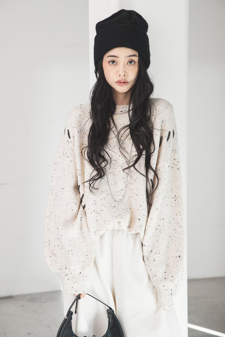 [SET]ネップ編み上げニットトップス+裏起毛スウェットワイドパンツ(2set)