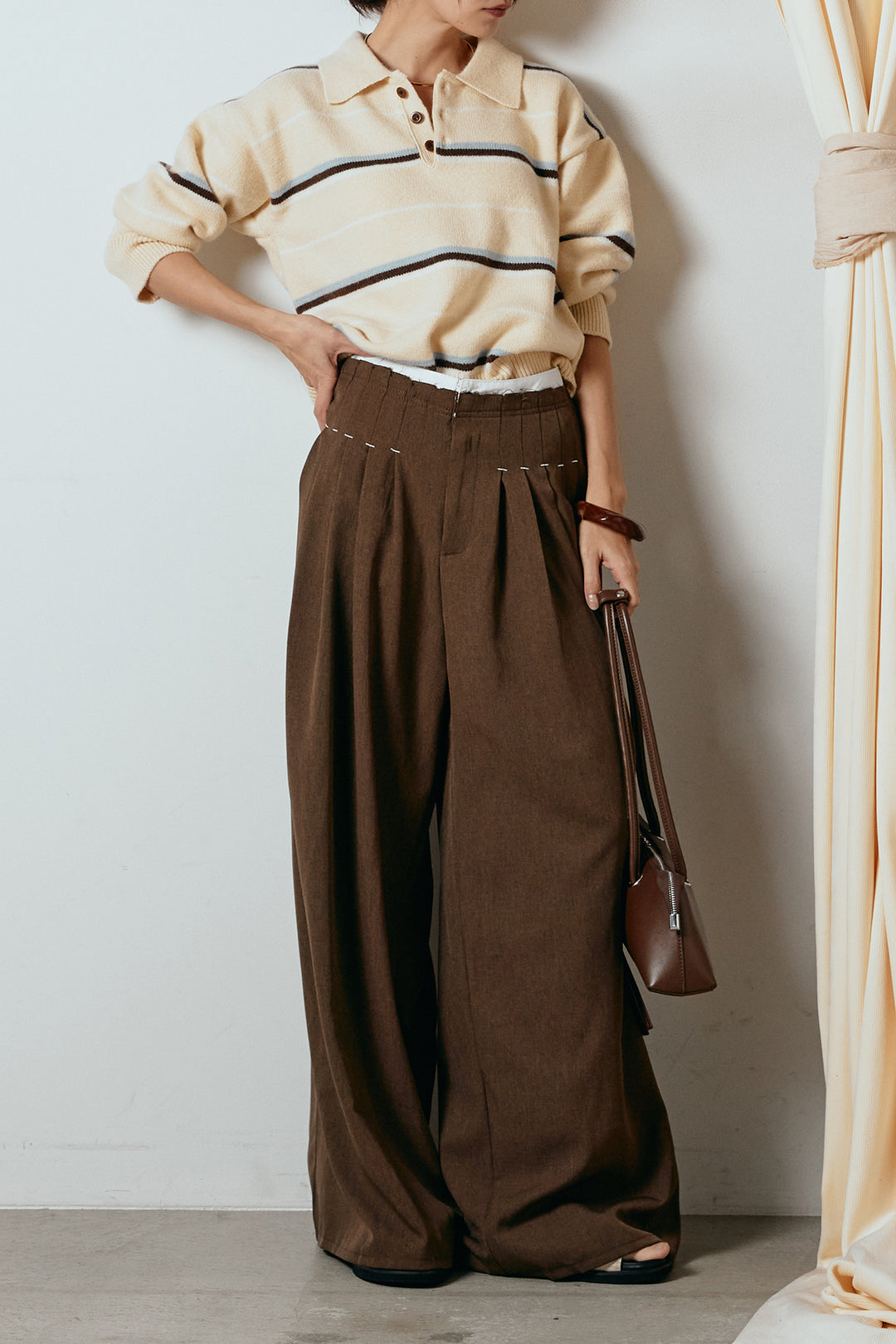 [SET]襟付きマルチボーダーニットポロトップス+ウエストステッチデザインワイドスラックス(2set)