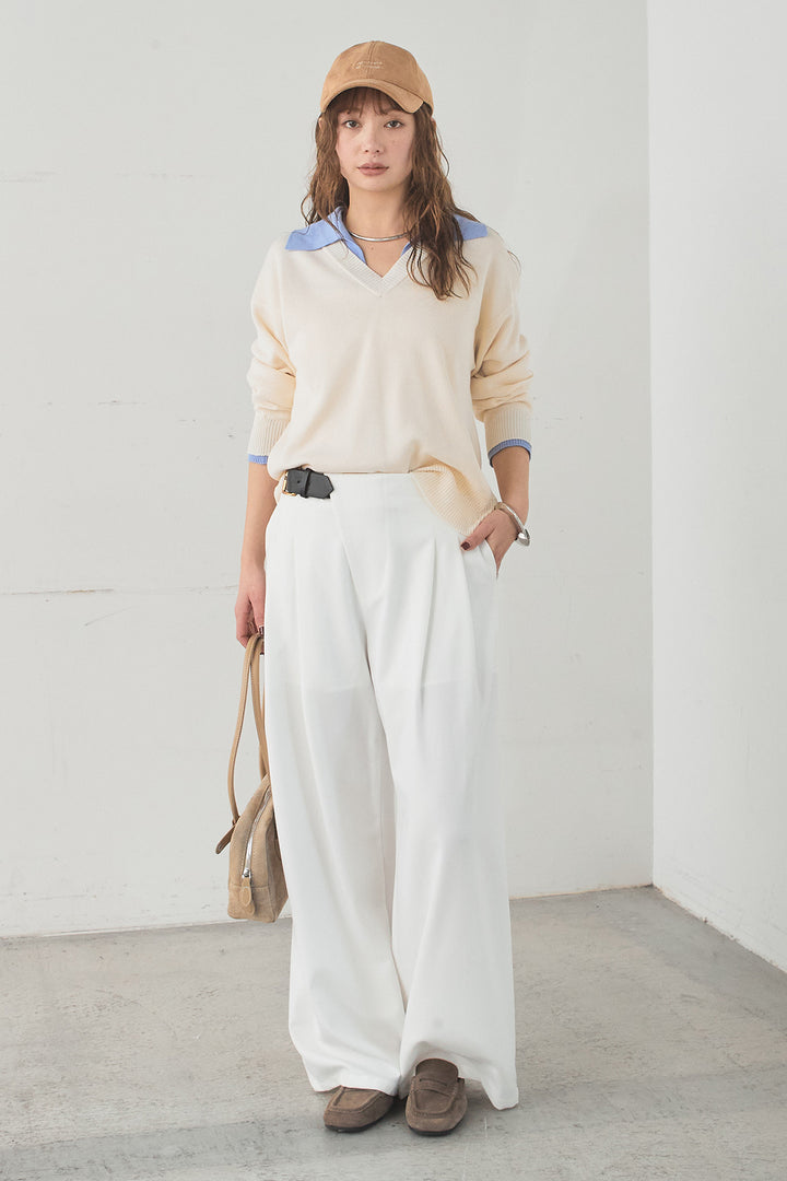 [SET]バイカラーニットレイヤード風プルオーバー+サイドベルトタック入りスラックス(2set)