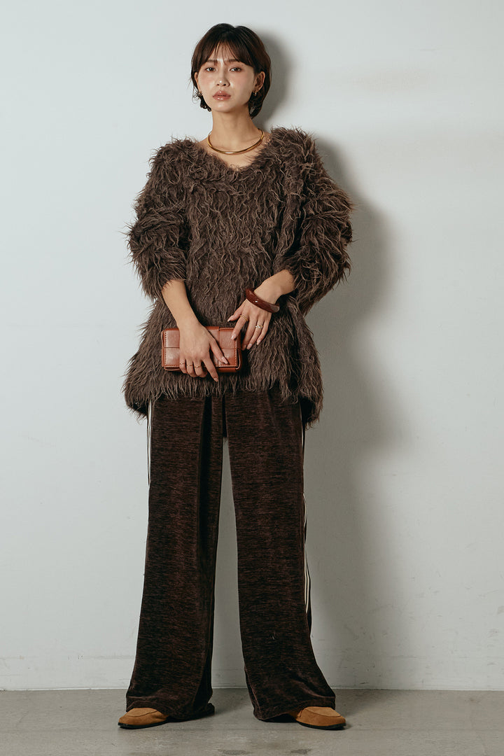 [SET]深Vネックシャギーニットトップス+リラックスサイドラインベロアワイドパンツ(2set)