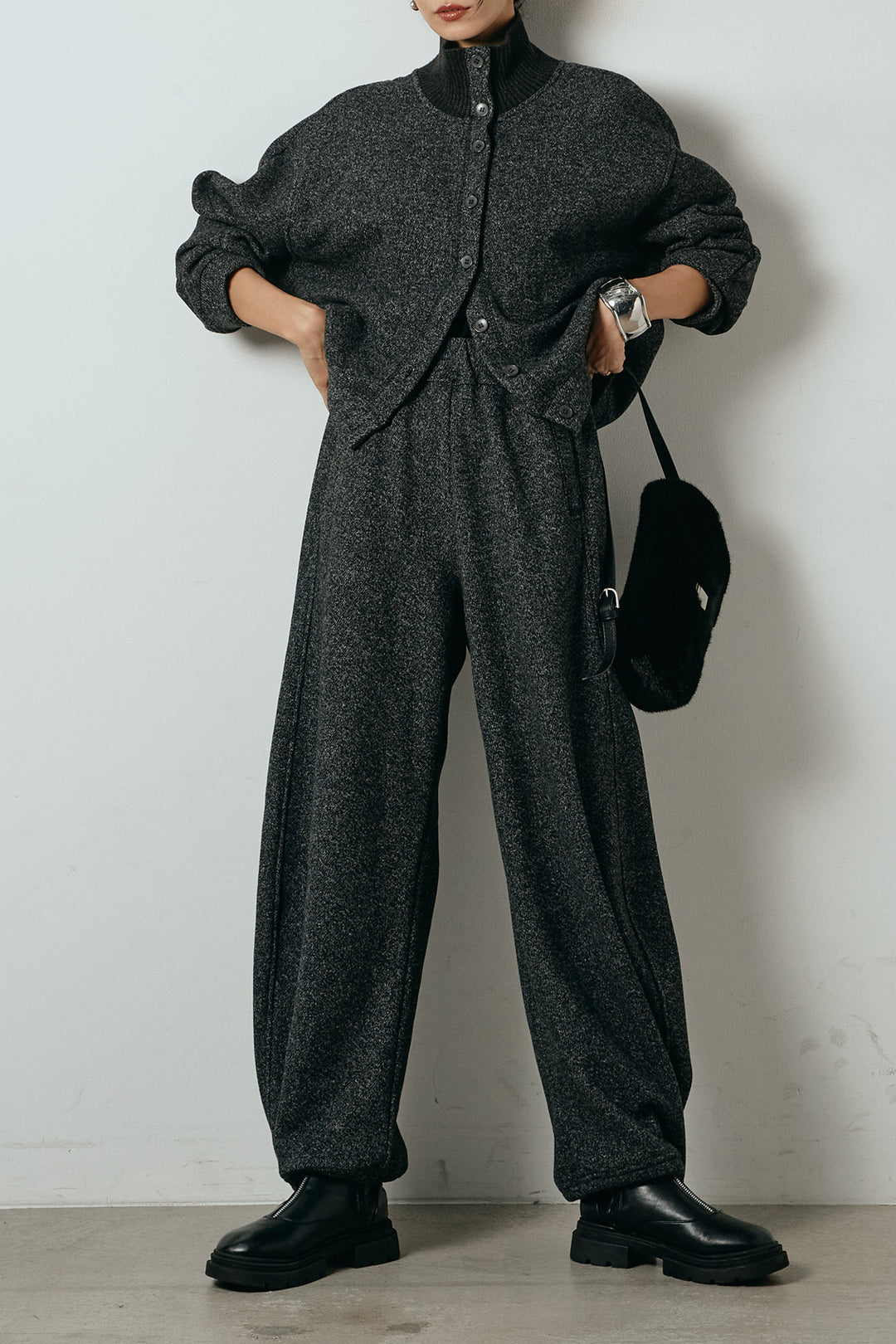 [SET]リブスタンドネックボタントップスSETUP