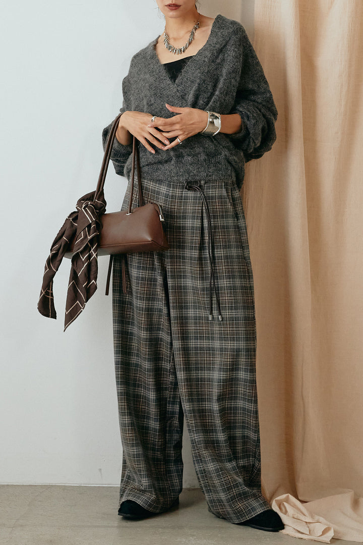 [SET]カシュクールデザインニット+編みベルト付きタータンチェックワイドパンツ(2set)