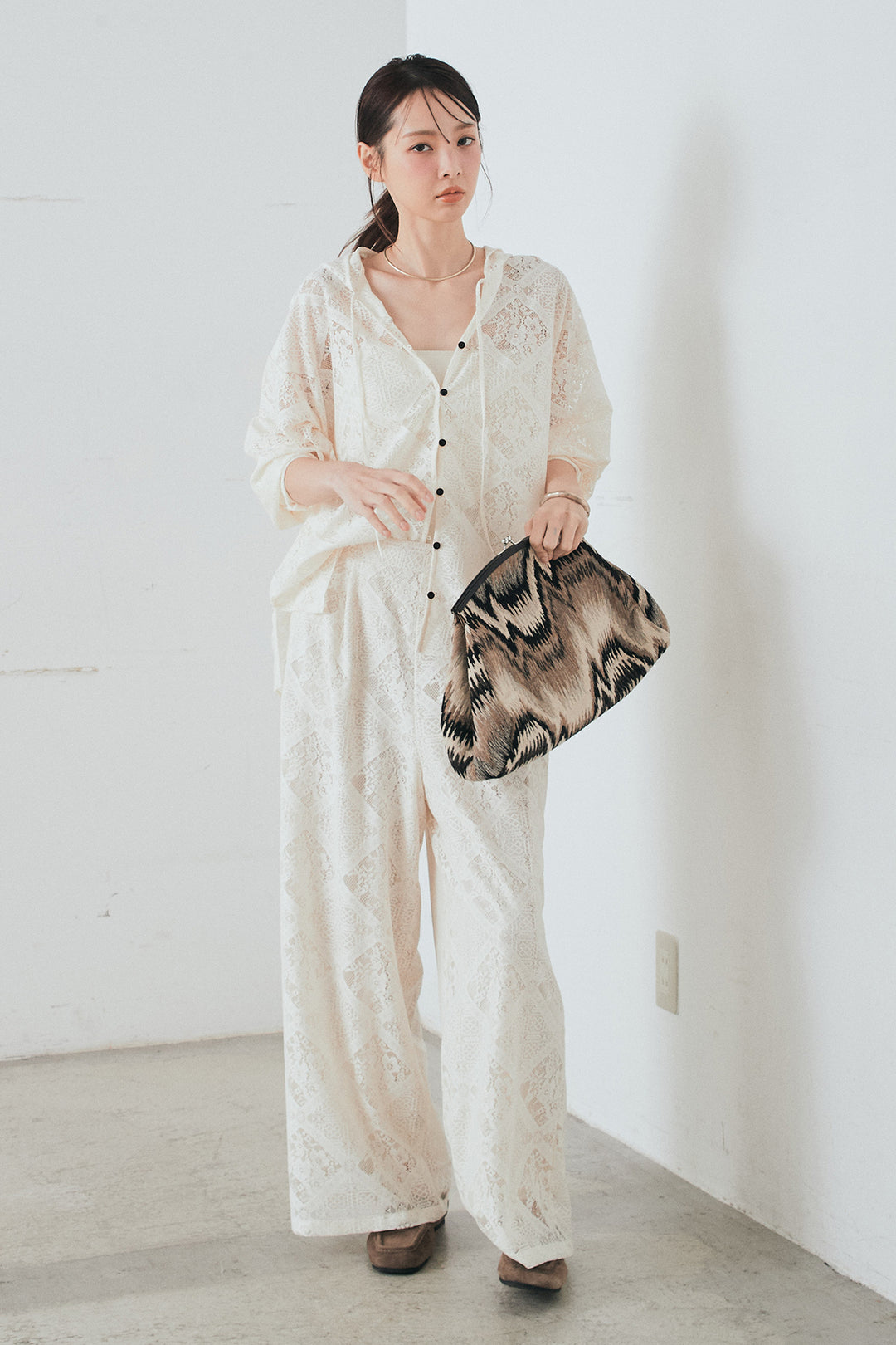 [SET]ブロックレースフード付きブラウス+リラックスブロックレースワイドパンツ(2set)