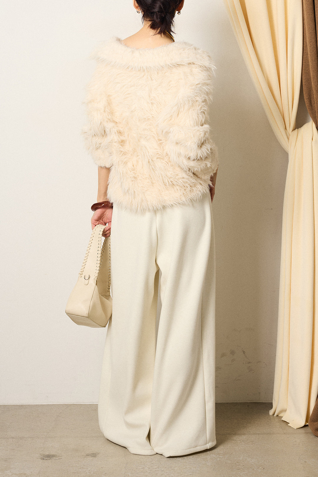 [SET]襟付きシャギーニットカーディガン+フェイクレザー太ベルト付きタックワイドパンツ(2set)