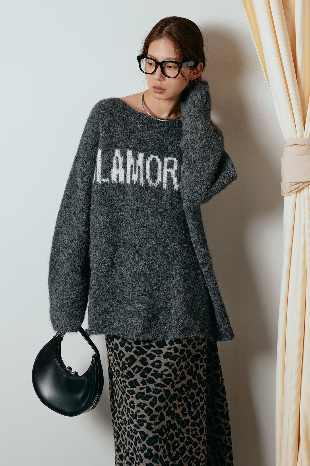 [SET]フロントロゴデザインニットトップス+レオパードロングスカート(2set)