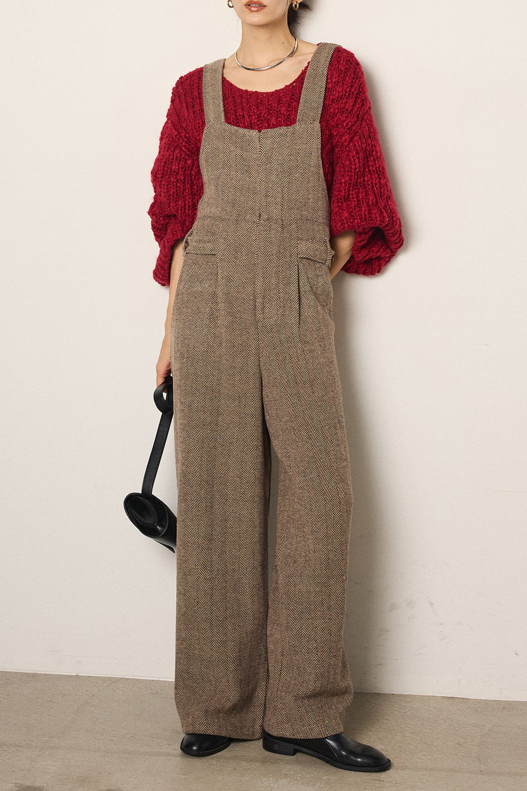 [SET]チャンキースラブニットクロップドプルオーバー+クラシックヘリンボーンサロペット(2set)