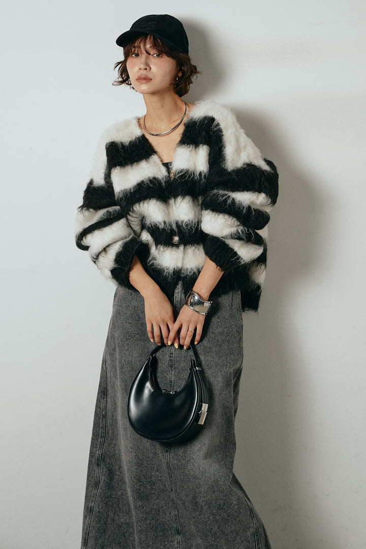 [SET]シャギーボーダー柄ニットカーディガン+デニムロングフレアスカート(2set)