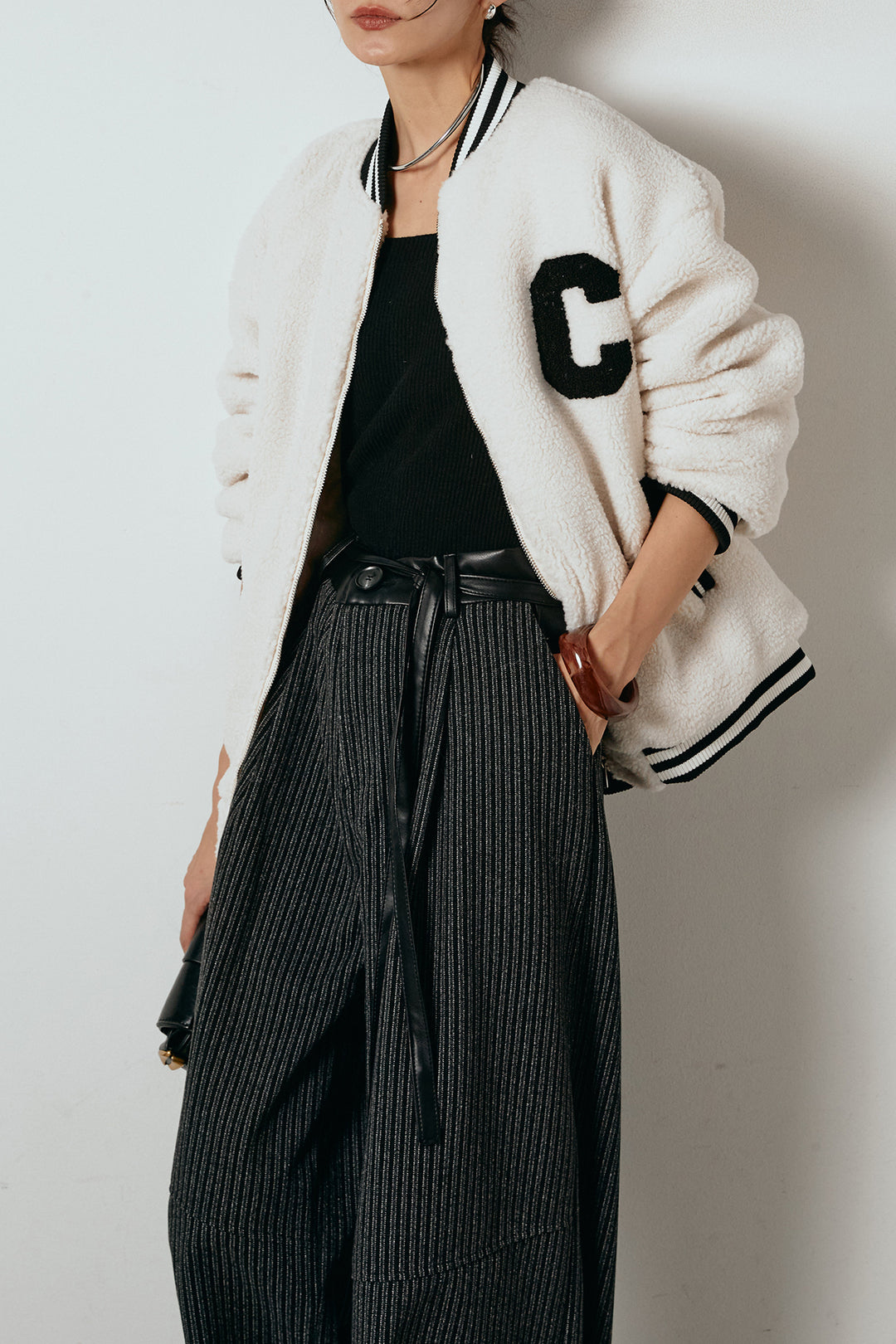 [SET]ロゴスタジャンボアブルゾン+レザーライク配色ストライプパンツ(2set)