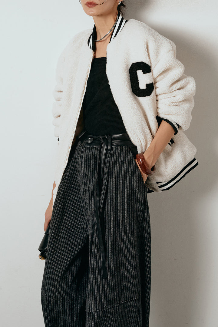 [SET]ロゴスタジャンボアブルゾン+レザーライク配色ストライプパンツ(2set)