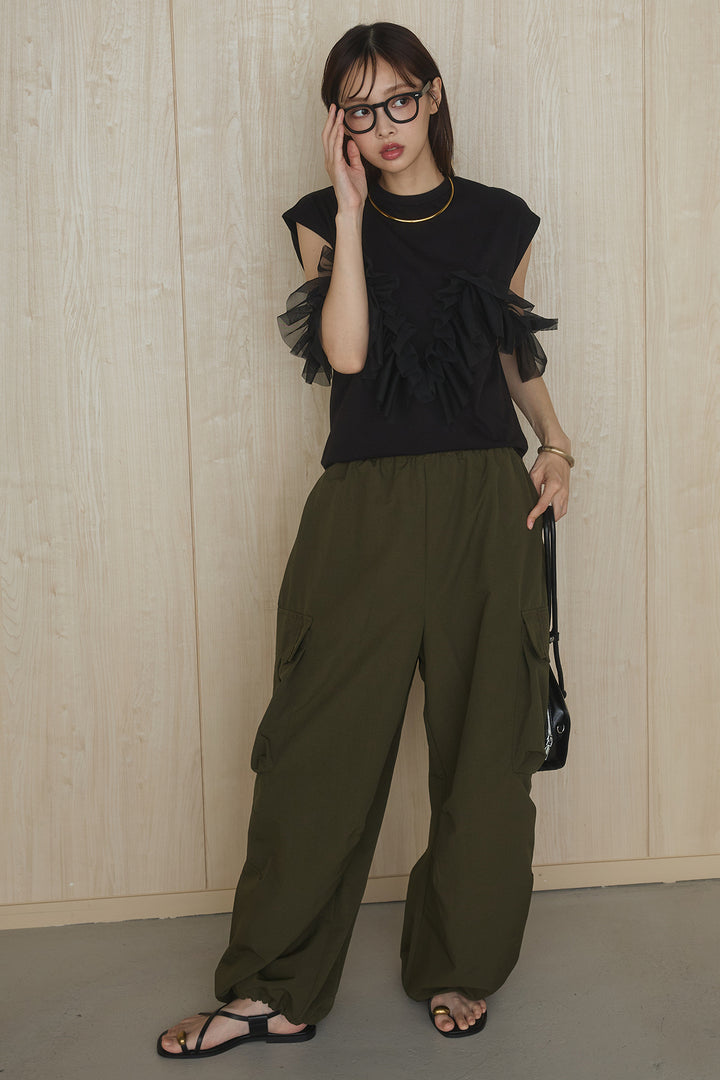 [SET]チュールフリルフレンチTシャツ+ルーズカーゴワイドパンツ(2set)