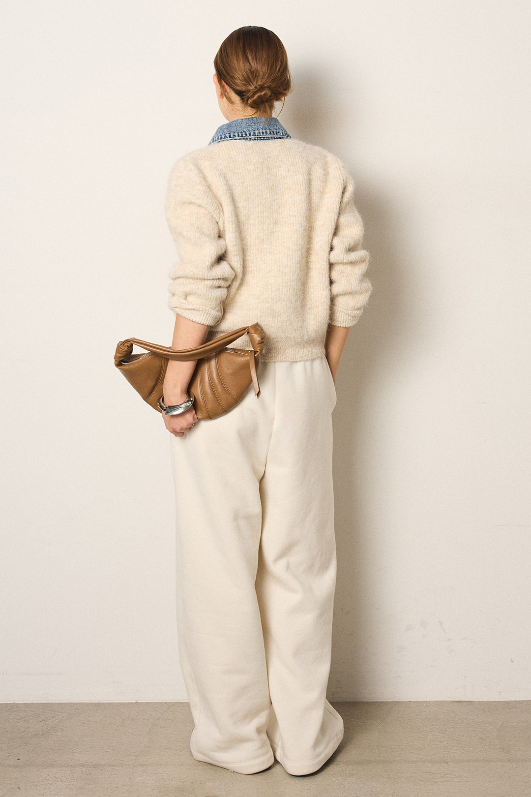 [SET]襟付きデニム切替ニットカーディガン+裏起毛スウェットワイドパンツ(2set)