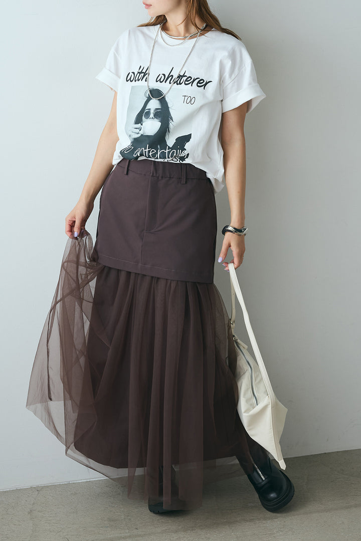 [SET]モノトーンフォトプリントTシャツ+切り替えデザインボリュームチュールスカート(2set)