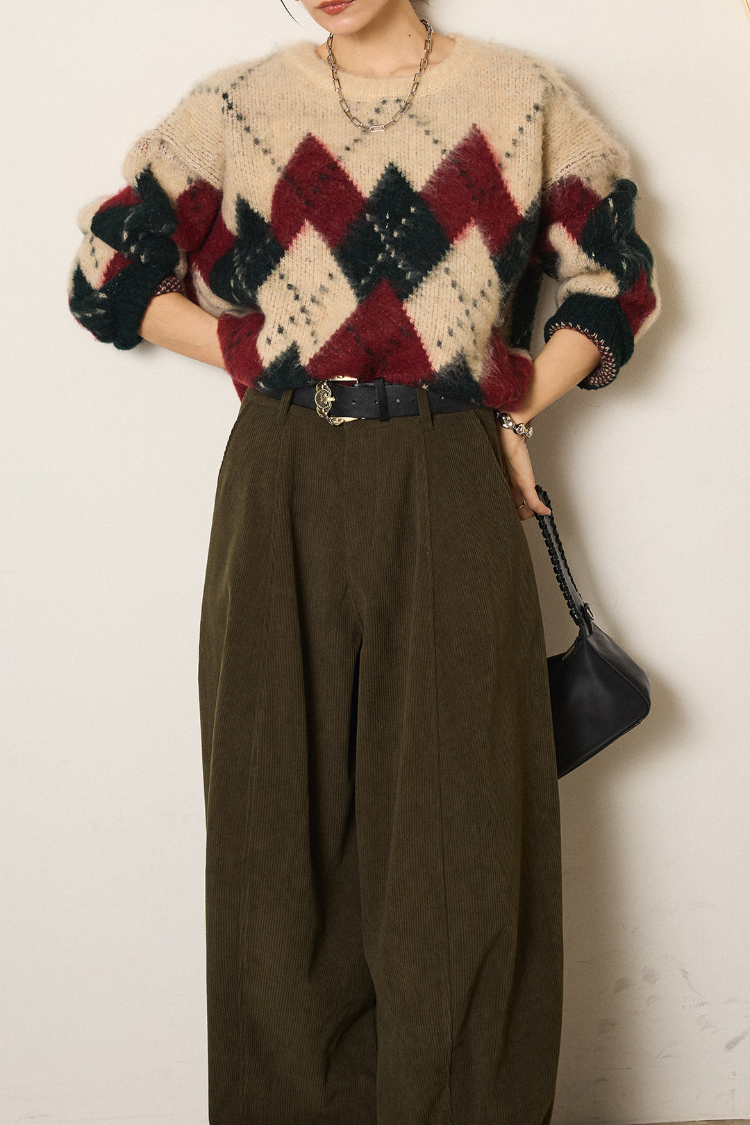 [SET]配色アーガイル柄ニットトップス+ベルト付きコーデュロイワイドパンツ(2set)