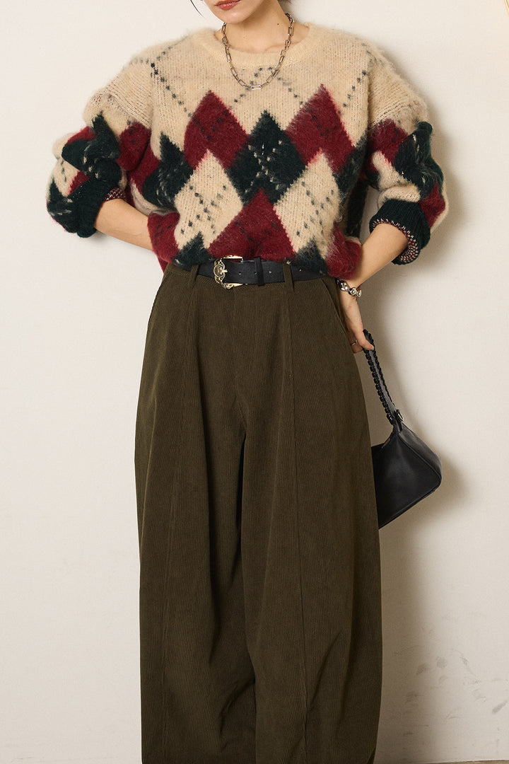 [SET]配色アーガイル柄ニットトップス+ベルト付きコーデュロイワイドパンツ(2set)