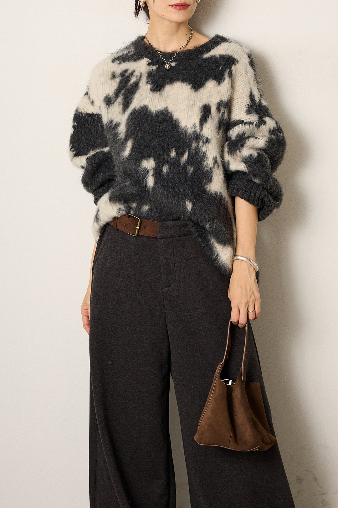 [SET]モヘアタッチマーブルニット+サイドベルトパンツ(2set)