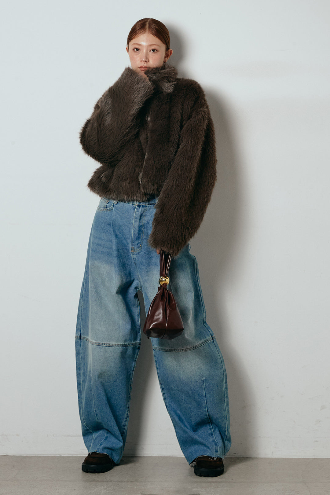 [SET]エコファーショート丈ブルゾン+加工デニムタックコクーンワイドパンツ(2set)