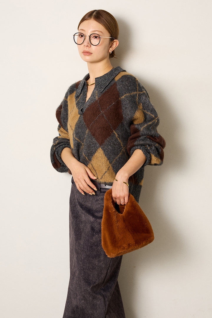 [SET]アクリルモヘアアーガイルキーネックプルオーバー+ロープベルト付きスウェード調スカート(2set)