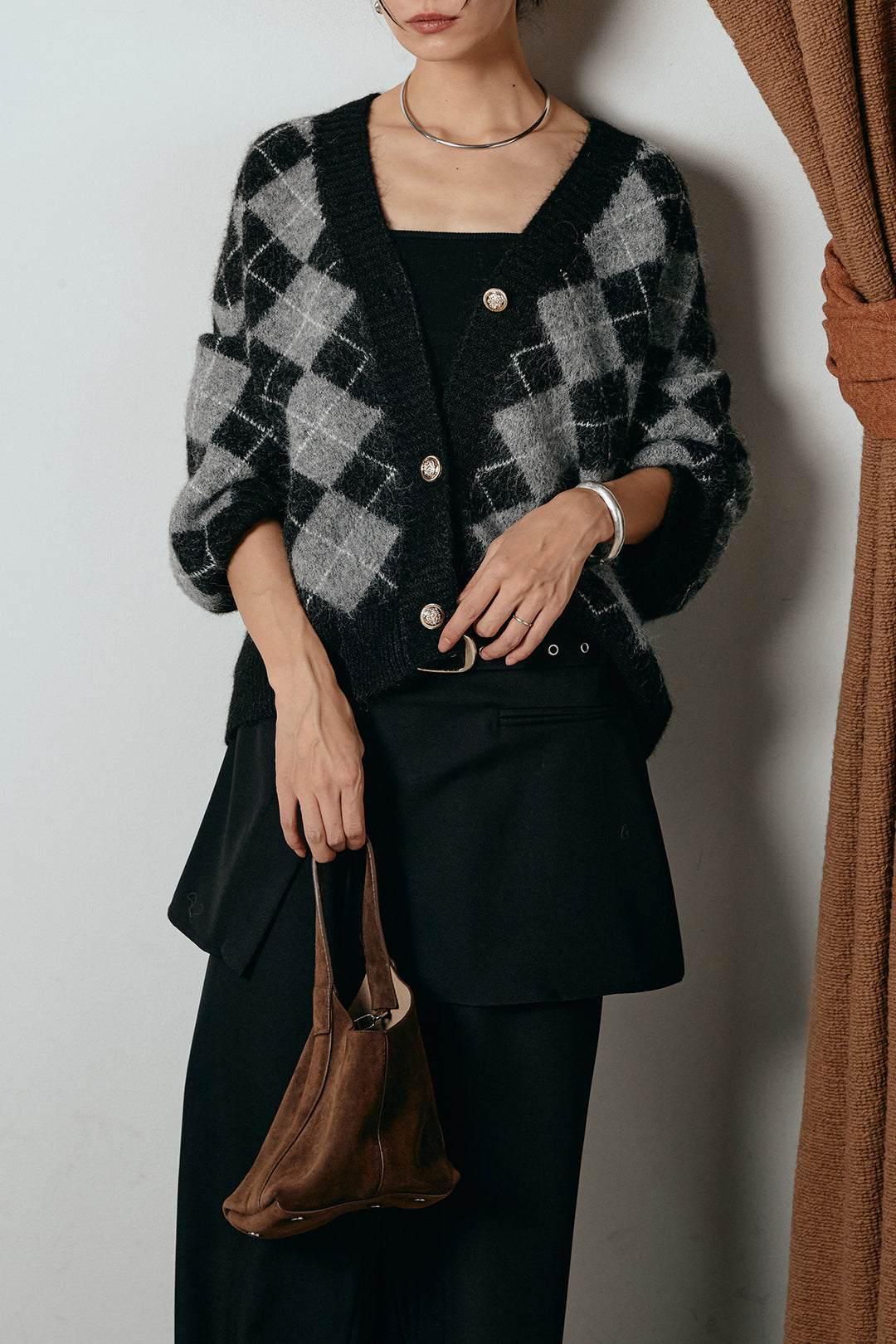 [SET]オーバーサイズ総柄Vネックニットカーディガン+ベルト付きウエストデザインパンツ(2set)