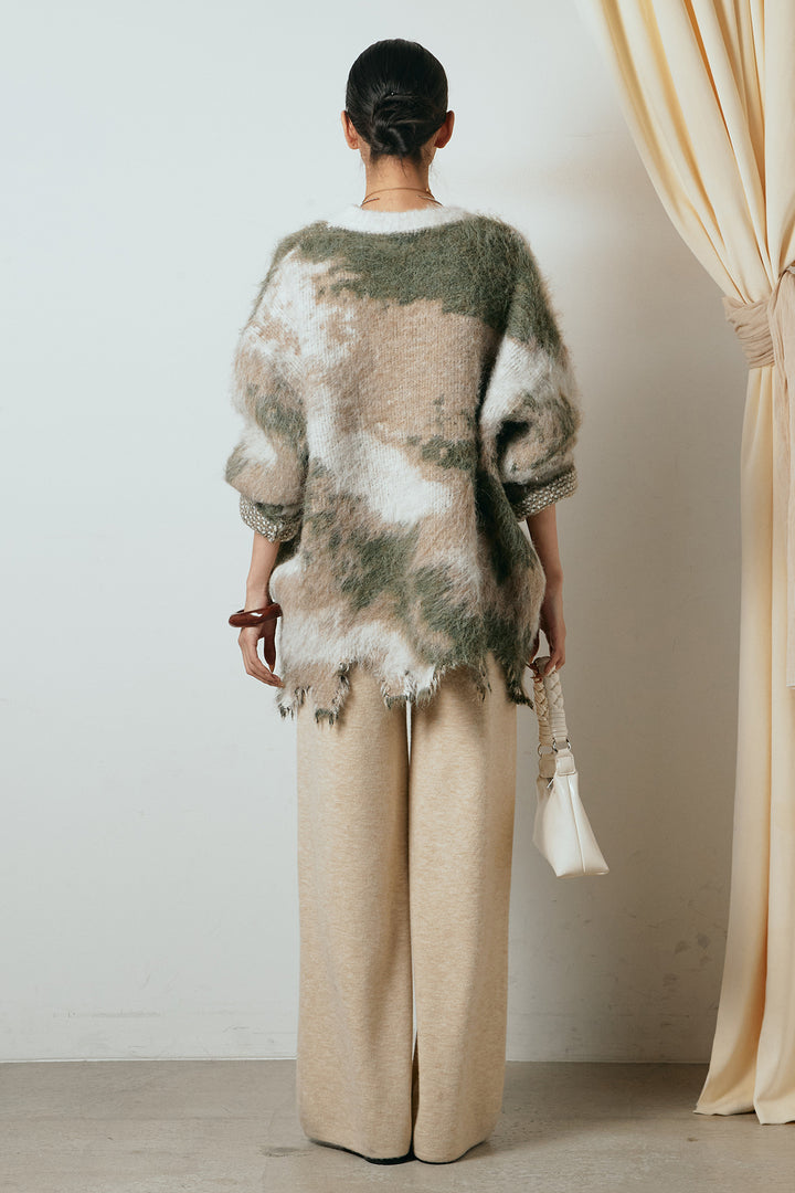 [SET]起毛裾デザインニュアンス柄ニットトップス+センターラインニットパンツ(2set)