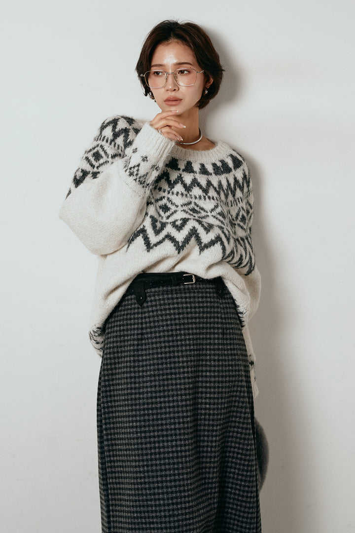 [SET]ノルディック柄Uネックプルオーバー+スエード調ベルト付きチェックナロースカート(2set)