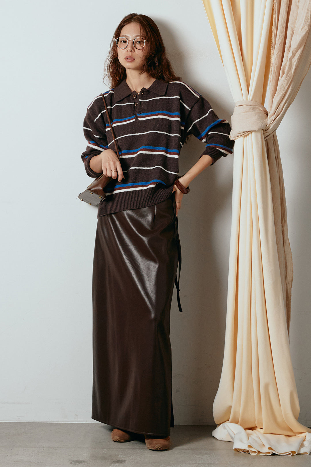 [SET]襟付きマルチボーダーニットポロトップス+紐付きフェイクレザーワイドスカート(2set)