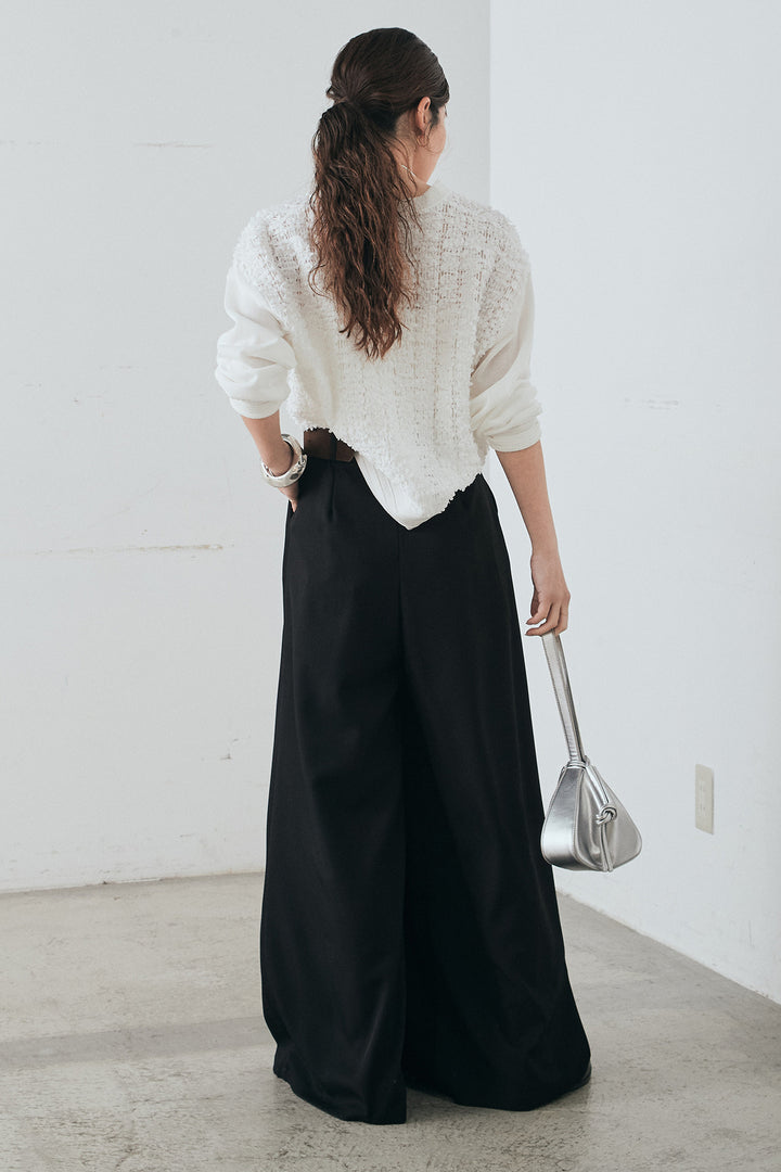 [SET]モコレースVネックカーディガン+太ベルト付きフロントタックパンツ(2set)