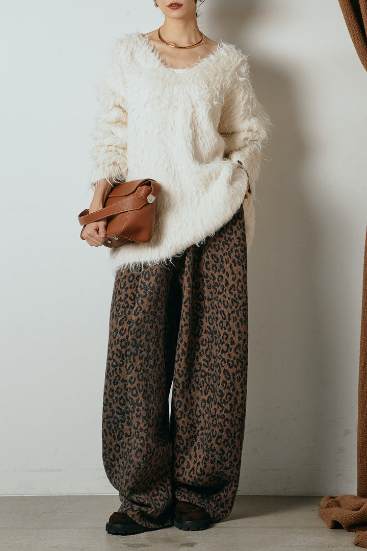 [SET]深Vネックシャギーニットトップス+リラックスレオパード柄ワイドパンツ(2set)