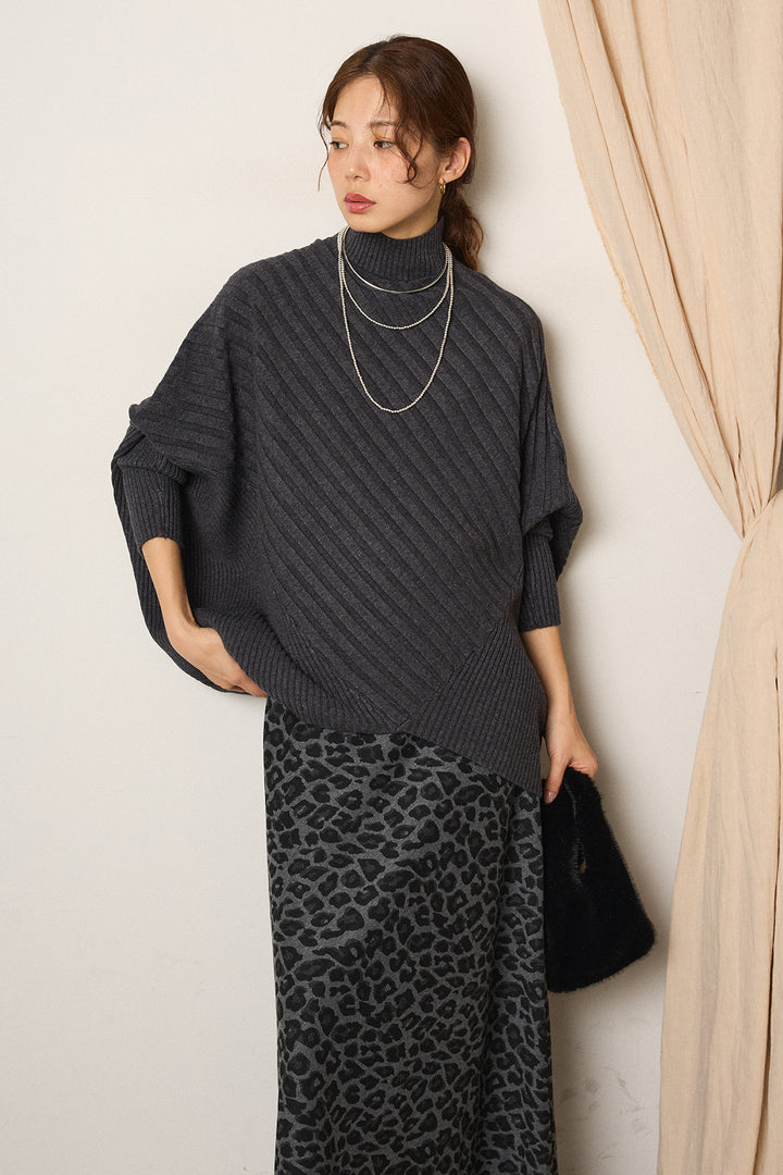 [SET]アシメデザインリブポンチョニットトップス+レオパードロングスカート(2set)