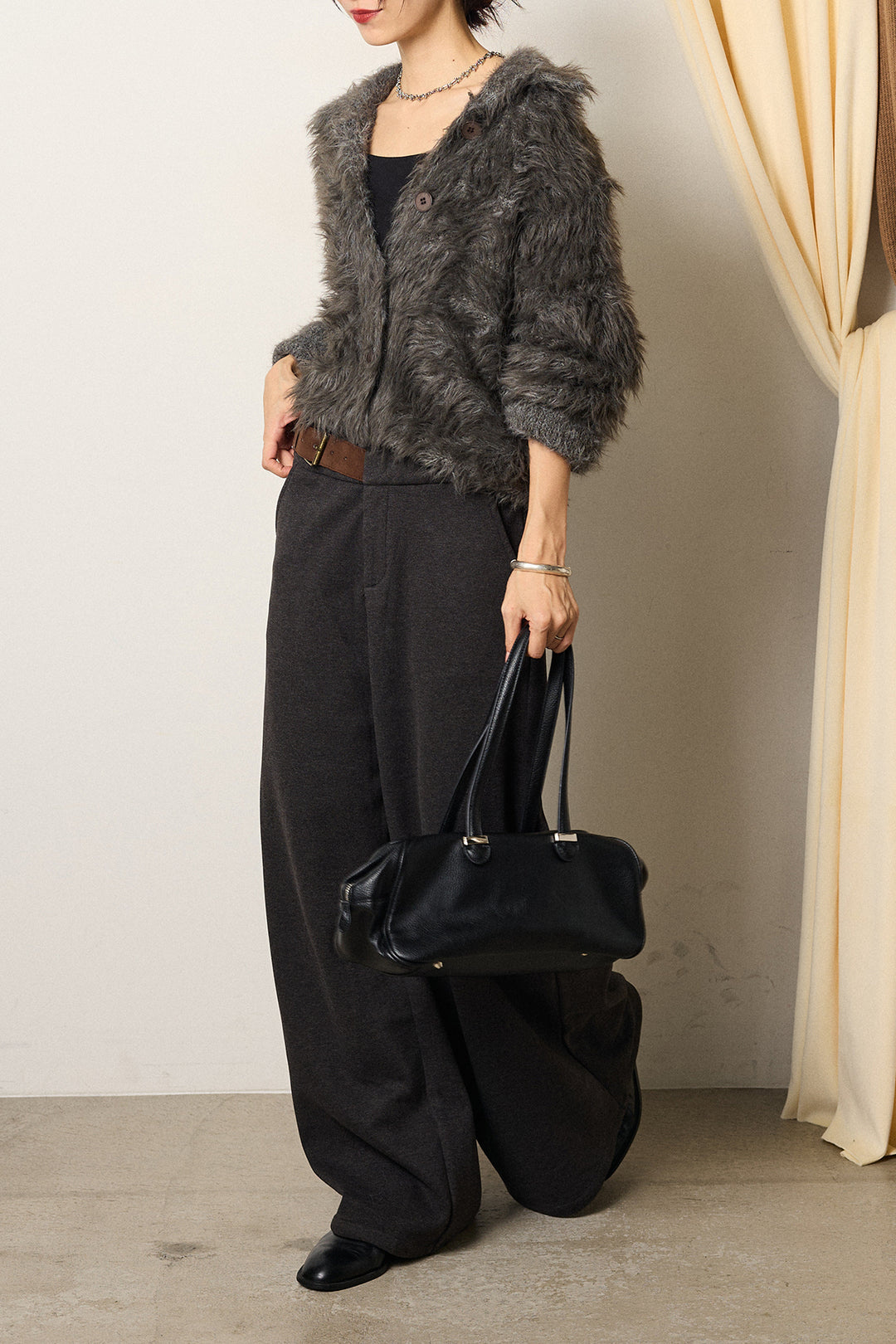 [SET]襟付きシャギーニットカーディガン+サイドベルトパンツ(2set)