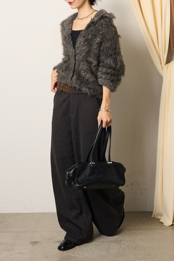 [SET]襟付きシャギーニットカーディガン+サイドベルトパンツ(2set)