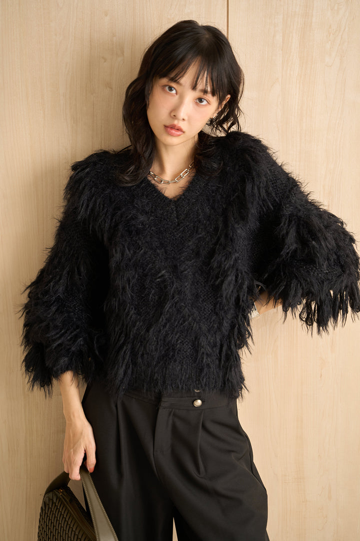 [SET]ランダムロングシャギーVネックニット+ナポレオンボタンデザインワイドパンツ(2set)