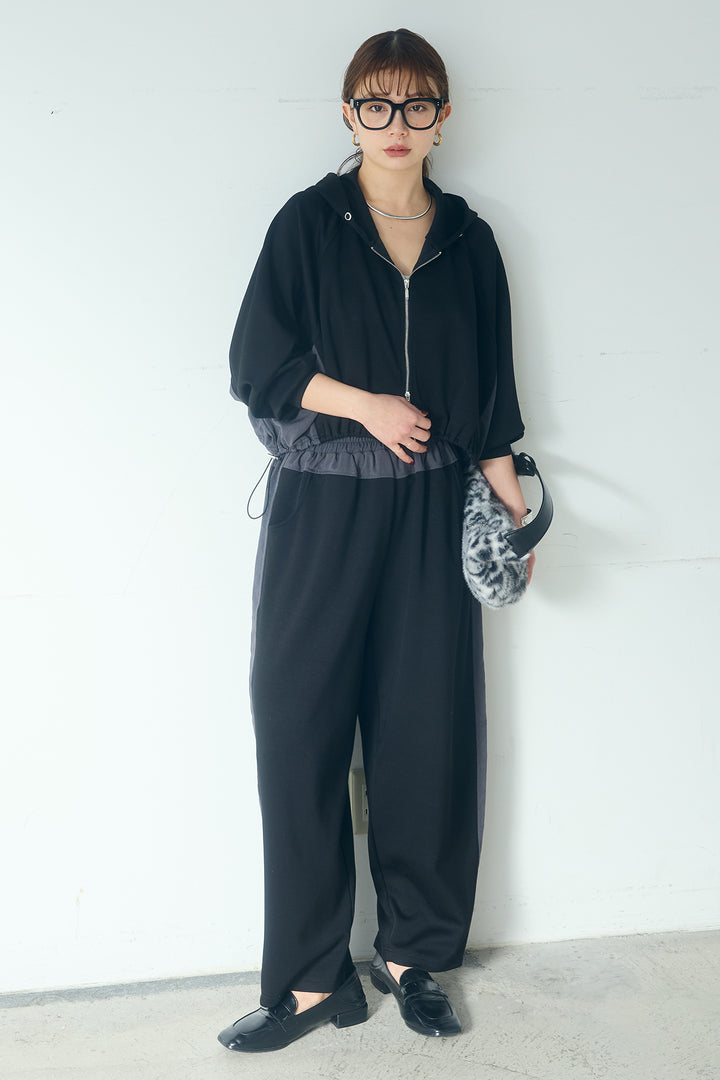 [SET]ドルマンショートフーディー+異素材切り替えスウェットパンツ(2set)