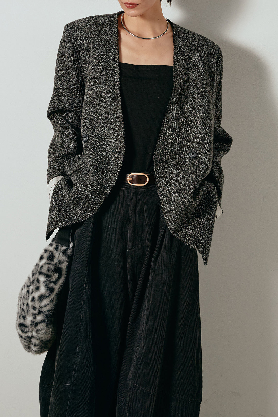 [SET]ノーカラーダブルボタンツイードジャケット+タック入りコーデュロイワイドパンツ(2set)