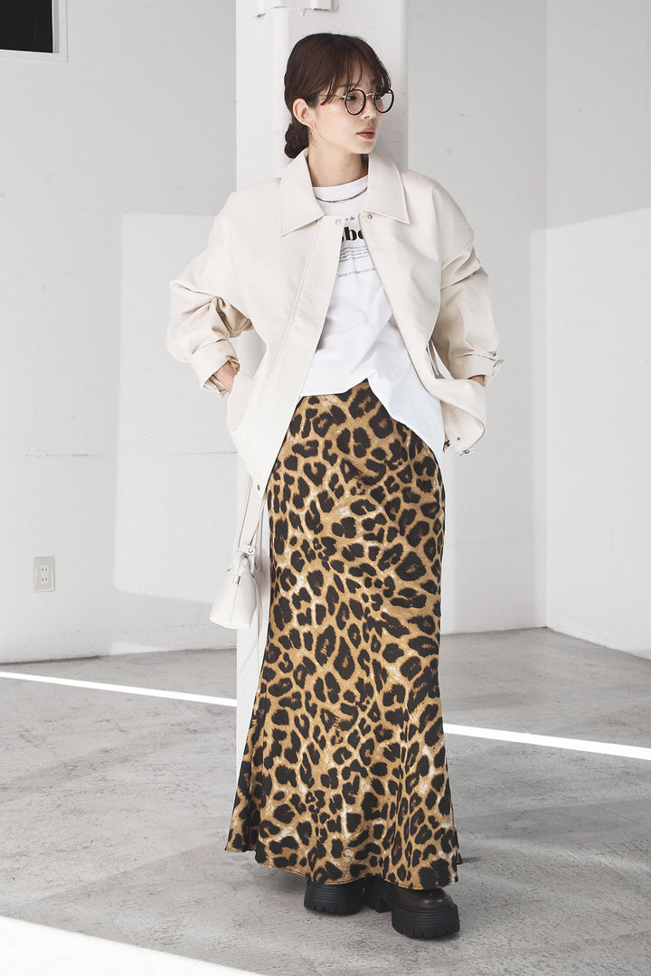 [SET]レザーライクオーバーサイズブルゾン+レオパードサテンナロースカート(2set)