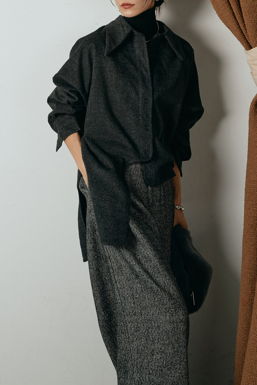 [SET]裾アシンメトリーデザインシャツ+タックツイードワイドパンツ(2set)