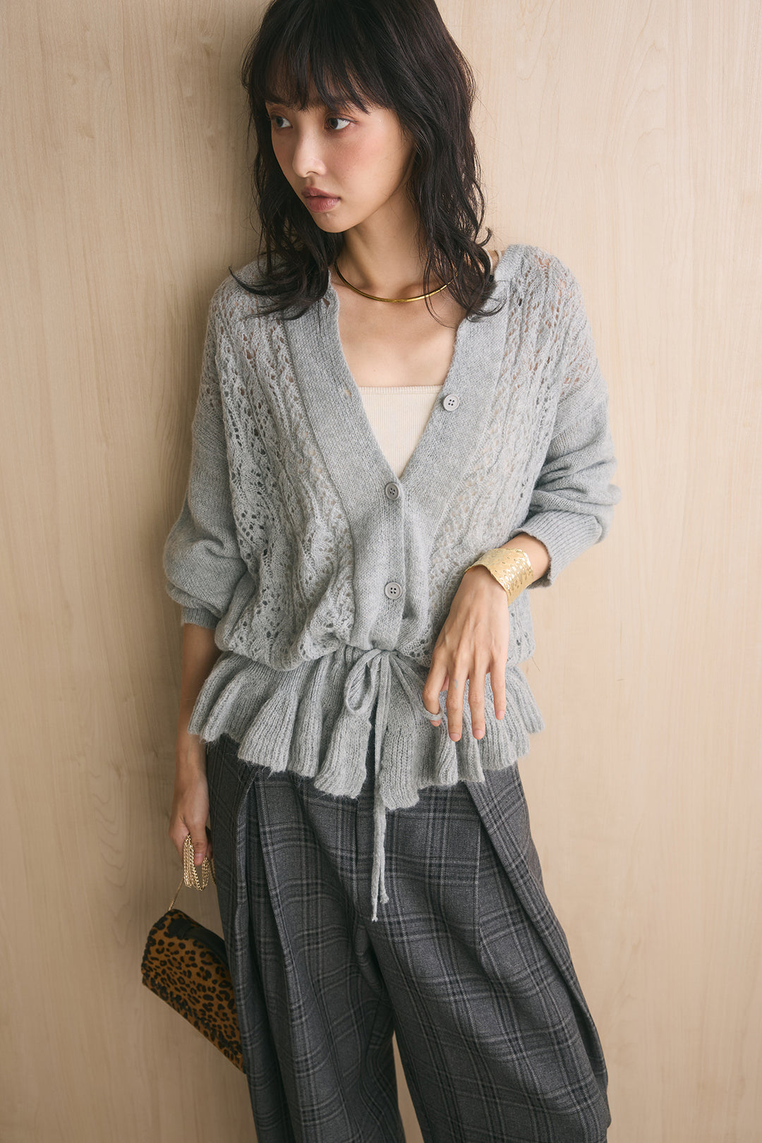 [SET]裾フリル透かし編みニットカーディガン+ブリティッシュチェックバレルパンツ(2set)