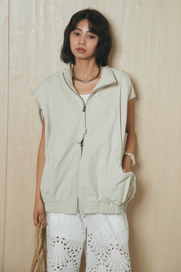 [SET]ショルダー切替スタンドネックジップベスト+レース刺繍リラックスパンツ(2set)