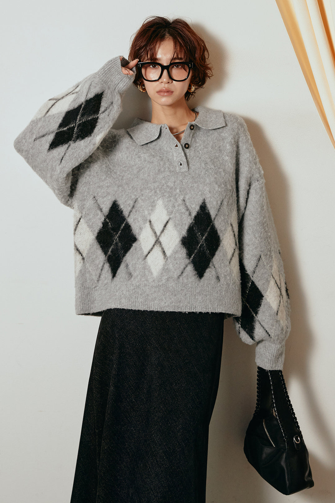 [SET]アーガイル柄ポロニットトップス+スウェードライクロングスカート(2set)