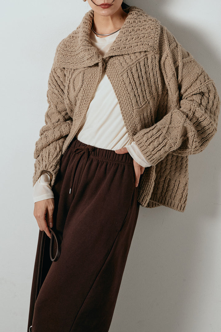 [SET]ビッグカラーケーブル編みニットトップス+裏起毛スウェットワイドパンツ(2set)