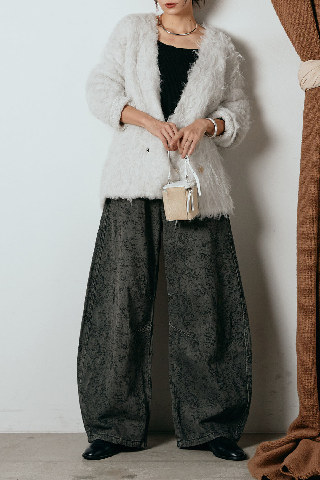 [SET]ウェーブシャギーニットジャケット+ベルト付きニュアンス柄カーブワイドパンツ(2set)