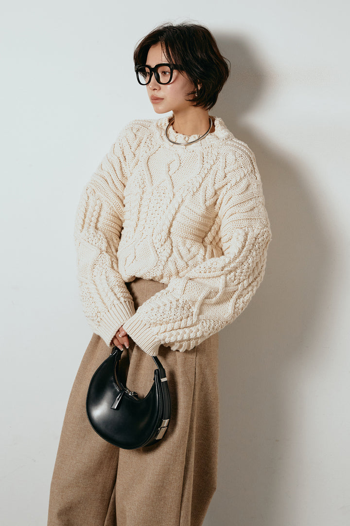 [SET]アラン柄ミックスケーブルニット+サイドボタンツイードタックパンツ(2set)