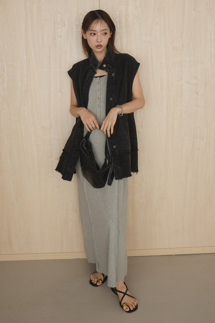 [SET]ケミカルデニムヘムカットオフジレ+ノースリロングワンピース(2set)