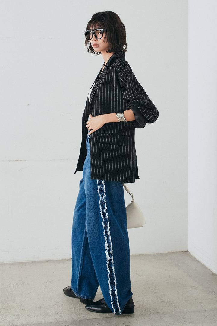 [SET]リネンライクストライプテーラードジャケット+デニムサイドフリルパンツ(2set)